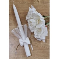 Krikšto žvakė su lininiu kaspinėliu 38 cm. Spalva balta / balta (17)